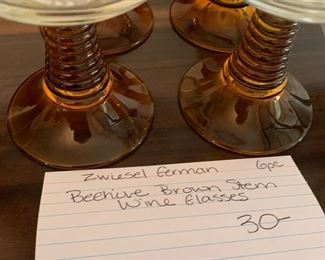 #180	Zwiesel German Beehive brown  stem wine goblets set of 6 	 $30.00 			
