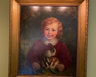 Oil on Canvas Painting of a Boy Holding Three Rabbits. Signed A. Keith, 1870