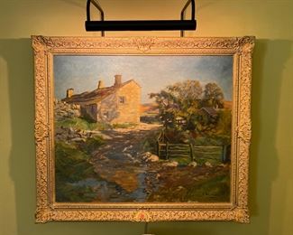 Oil on Canvas English Farm Scene with Cottages Painting by S. Dennison.