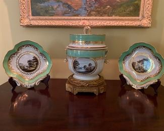 Pair Derby “View” Sweetmeat Dishes with a matching Fruit Cooler with Liner.
Early 19th century.