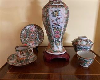 Chinese Rose Medallion Lamp. Cup, Saucer, Covered Cup and Saucer, and Tea Bowl.
19th century.