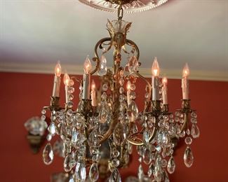 Eight Light French Bronze Chandelier, Louis XV style, Cage with Prisms.