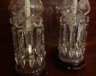 Pair of Cut Glass Lusters with Pendant Prisms. Late 19th century.
