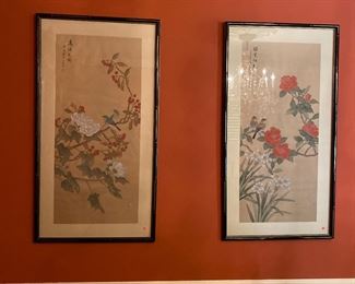 Framed Chinese Silk Scroll Paintings of Birds on Branches, Inscribed with Poems. 20th century.