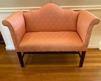 Chippendale Loveseat in Pink Chinoiserie Fabric.