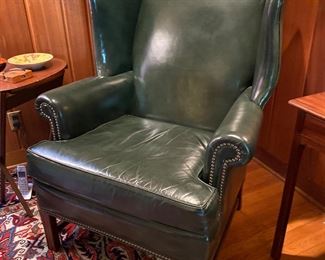 20th century Chippendale leather wing chair. Hickory,NC