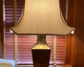 Mid century square brass lamp with pagoda style silk shade.