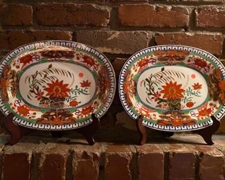 Pair of early 19th century Spode oblong platters with large red flower, green, and gilt.