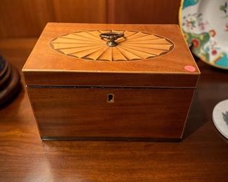 19th century mahogany tea caddy with oval satinwood paterae.