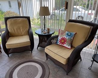 All weather wicker (2) patio chairs and (2) side tables