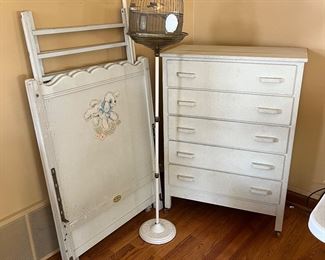 Vintage crib (for decor only), dresser and birdcage
