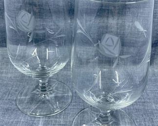 Etched Rose Water Goblet Pair
