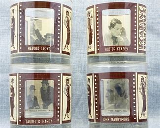 Fostoria Glass Roaring Twenties Film Stars Lowball Barware Set Reverse View Featuring Harold Lloyd, Buster Keaton, Laurel and Hardy, and John Barrymore
