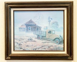 Framed Farmhouse Scene with Truck and Windmill Canvas Print