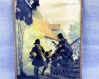 Reverse Painted Silhouette 18th Century Scene Wall Hanging