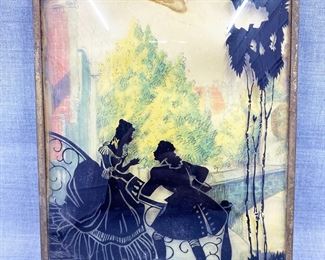 Reverse Painted Silhouette 18th Century Scene Wall Hanging