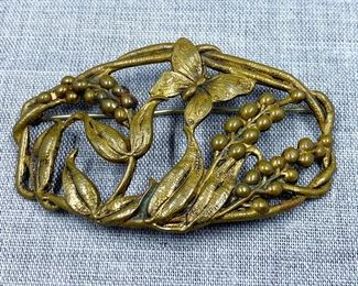 Art Nouveau Brass Butterfly and Flower Brooch