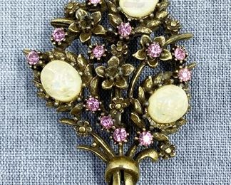 Pink Rhinestone Floral Spray with Confetti Lucite Cabochons Brooch
