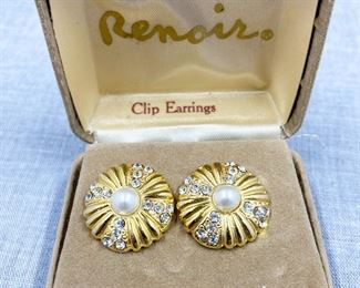 Renoir Pearl and Rhinestone Clip Earrings