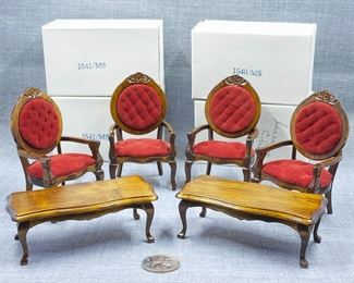 Red Velveteen Doll House Arm Chairs and Victorian Style Coffee Tables Made in Taiwan