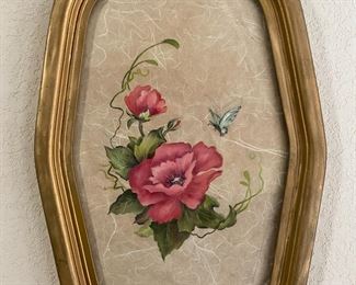 Hand Painted Asian Inspired Butterfly and pink flower in antique Hexagonal Frame