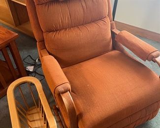 Mid century, modern upholstered, and wood recliner