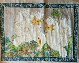 Painted Cockatoos on Silk Panel