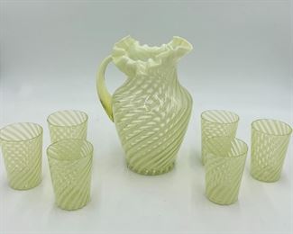 1930’s Yellow Opalescent Spiral 7pc Lemonade Set (Fenton attrib.)