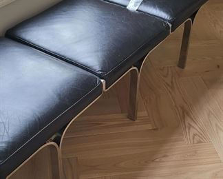 Three-Cushion Black Leather Bench after E. & E. Laverne