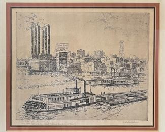 Charles Winston Haberer (1905-1958, Kentucky) Rare Etching of Louisville Riverfront
