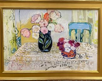 Paula Rubinstein (Contemporary, American) “Black Vase on Lace” 