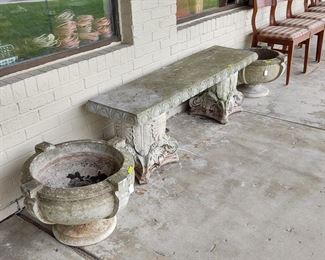 Pair of garden urns and bench