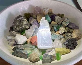 CB2 Bowl Full of Stones, Selenite Lamp, Sea Glass