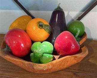 Wood Bowl With Glass Fruit Veggies