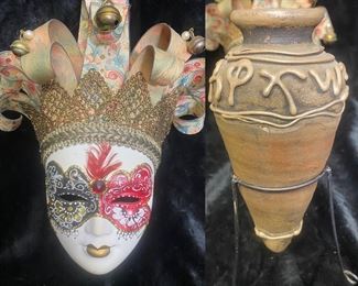 Small Venetian Carnival Mask And Clay Urn