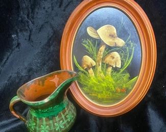 Mexican Mushroom Painting Small Red Clay Pitcher