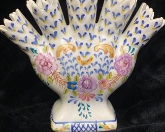 Signed Vintage Portugal Pottery Hand Painted 5 Finger Tulip Vase