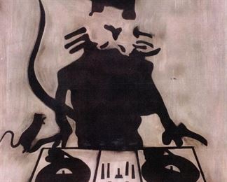 Blek Le Rat (b. 1952) "DJ" - Medium: three color spray paint on canvas. - Signed lower center and dated 2009.Measures 48" x 36" (unframed). From a Beverly Hills private collection.Blek le Rat, born Xavier Prou in Boulogne-Billancourt, Paris in 1951, was one of thevery first graffiti artists in Paris, and is considered the originator of stencil movement.During a trip to the United States in 1971, he discovered the first graffiti in NYC whichintrigued and impressed him deeply. But when he began to paint in the street in 1981 inParis, he chose the stencil that had a more latin style which he felt was better suited tothe architecture of Paris. His first stencils were small black rats that he made run alongthe walls of Paris. The rat, the anagram of the word ART.