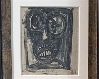 Antonio Saura (1930-1998) Neo-Expressionist Portrait - Medium: watercolor and ink - Signed lower right and dated 1981. Measures 9" x 8" (unframed). From a Beverly Hills private collection.                                                                                          Antonio Saura was born on September 22, 1930, in Huesca, Spain. When Saura was young,his father took him to Madrid to visit the Museo del Prado, where he viewed paintings by Francisco de Goya and Diego Velezquez. After he contracted tuberculosis at age thirteen and was confined to his bed for five years, Saura reflected on his visit to the Prado. In 1947, on his way to recovery and without formal training, he began to produce art. Initially he experimented with diverse mediums, including paint, lithography, engraving, prose, and poetry.Antonio Saura Atar's was a Spanish artist and writer, one of the major post-war painters to emerge in Spain in the fifties whose work has marked several generations of artists and 