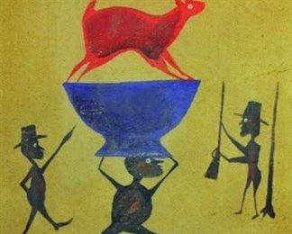 Bill Traylor (1853-1949) "Rabbit Hunt" - Medium: Tempera on Board - Signed lower right. Measures 17" x 14" (framed). From a Beverly Hills private collection. "Rabbit Hunt" by Bill Traylor reveals the Outsider artist's process as well as his highlysophisticated understanding of space, color, form, and composition. It includes a numberof vibrant figurative elements: two men point weapons at their captured bounty while onedashes through the foreground with their prize, a disproportionately large red rabbit atopa vast cooking pot.William Traylor was an African-American self-taught artist from Lowndes County, Alabama.Born into slavery, Traylor spent the majority of his life after emancipation as a sharecropper.It was only after 1939, following his move to Montgomery, Alabama, that Traylor began to draw. Provenance: Private collection of Patricia Lynn Beebe, listed on Artnet.com, Galerie Perlita 2021, Musee d' Art Moderne 2022. The copyrights and reproduction rights of this original artwork 