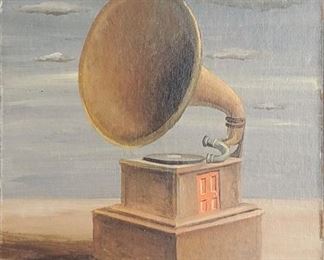 Gertrude Abercrombie (1909-1977) "Gramophone" - Medium: oil on board - Signed lower right and dated 1954. Measures 8" x 6" (framed). Floated under museum glass. From a private collection, Chicago, Illinois, circa 1970s. By descent to the present owner                                                                                                                                                                                                                                                    The subject of the painting is based on a phonograph, in its later forms also called agramophone or since the 1940s called a record player, or more recently a turntable, advice for the mechanical and analogue recording and reproduction of sound; a tool in which Abercrombie was very fond. Music and jazz in particular was a dominant influence in her life.There are other elements in the painting that are familiar from Abercrombie's oeuvre as well. The ascetic foreground and background is a meaningful an