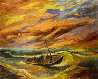 Elmer Bischoff (1916-1991) "Lost at Sea" - Medium: oil on canvas - Initialed lower right and dated 1962. Measures 23" x 21" (unframed). From a Beverly Hills private collection.                                                                                                                              In 1943, The California School for Fine Arts (CSFA) in San Francisco (later known as the San Francisco Art Institute) hired Douglas MacAgy, famous in American art circles as a promoter and collector, as its new director. The school trustees wanted new energy and direction at the school and MacAgy delivered it. He promoted the school as the hub of Abstract Expressionism on the West Coast. As new members of the CSFAfaculty, MacAgy hired Clyfford Still, Hassel Smith, David Park, Elmer Bischoff, Richard Diebenkorn and Mark Rothko. As instructors, Smith, Park, Bischoff and Diebenkorn received a living wage allowing themto support themselves and their families while still able to create their ow