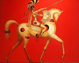 Hovik Kochinian (b. 1953) "Ready Spartan Beauty (Red Version)" - Medium: oil on canvas - Measures 40" x 40". (unframed). Private collection of Hovik Kochinian.                                                                                                                                                              Spartan citizens, men or women, are the pioneers of two very important philosophies:1) The ultimate faith in the human body as a symbol of the most beautiful creation by God.2) Human freedom. Of course, those ideas arose much earlier in time. However, they gained a bigger momentum during the Ancient Spartans. As a small nation in their region, the Spartan's were always under attack by bigger nations.Hence, they took serious measures to shape and mold their youth from a very early age to live a free and beautiful life ? one that they believed was their birthright.These fundamentals have motivated Artist Hovik Kochinian to create a series of artworks with his unique style dedi