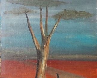 Gertrude Abercrombie (1909-1977) "Cat" - Medium: oil on board - Signed lower right and dated 1954. Measures - 8" x 6" (framed) Floated under museum glass.From a Private collection, Chicago, Illinois, circa 1970s . By descent to the present owner Abercrombie famously said ?It is always myself that I paint? and, even in her still lifepaintings and empty rooms she is present. The repertoire of personal objects that recurin her paintings come to stand in for the artist herself. She adopted the owl and the cat,familiars of the witch, for compositions in which she wanted to emphasize those roles.Although she freely changed the color; she always had a number of cats in her household,and identified with them deeply (when she was expecting her daughter Dinah, she said shecould imagine giving birth to a cat, but not a human); and the barren tree with low cloudsalmost serving a dual function as foliage, as well as the eerie path leading nowhere is ameaningful and repeatedly used setting.