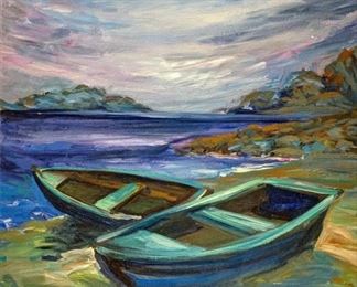 Elmer Bischoff (1916-1991) "Row Boats" - Medium: oil on canvas. Initialed lower left and dated 1960. Measures 19" x 19" (unframed). From a Beverly Hills private collection.                                                                                                                                                Elmer Nelson Bischoff was a visual artist in the San Francisco Bay Area. Bischoff,along with Richard Diebenkorn and David Park, was part of the post-World War II generation of artists who started as abstract painters and found their way back tofigurative art. Bischoff's quiet and lyrical paintings were serious in a different way from the painting which was being taken seriously at the time; and which saw the rise of Abstract expressionism.While distinct from expressionist art that came from Europe, art of the Bay Area Figurative Movement displays the immediacy and warmth that one sees in abstract expressionist painting. After the war, back in San Francisco, Bischoff found him