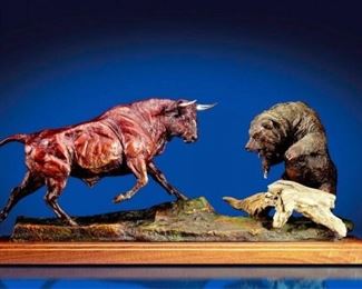 Lorenzo Ghiglieri (1931-2020) "New Powerful Exchange" - Medium: bronze - Signed lower center. Measures 15" x 35.                                                                                                                                                                                                                                                Born in America of Italian, French and German immigrants, Lorenzo Ghiglieri grew up in a rich ethnic culture on the fringe of Los Angeles near clear mountains, sandy beaches and arid deserts of southern California. After receiving extensive formal training, Lorenzo took it upon himself to study the Old Masters, especially deriving influence from Rembrandt, Velazquez and Corot. At the age of seventeen, he was honored with a prestigious art scholarship, but was interrupted serving duty on a U.S.destroyer during the Korean War. He received his first commission as a combat illustrator from the United States Government to paint a marine scene th