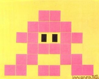 Invader (b. 1969) "Pink Invader" - Medium: wood tile on canvas - Signed lower right and dated 2008.Measures 30" x 40" (unframed). From a Beverly Hills private collection. Executed in pink and black wood tiles over a yellow painted canvas. The artist depictsa lesser ship in hi-liter spectrum from the famous arcade-game: Space Invaders.Constructed for exhibition use only and accompanied by Certificate of Origin from Invader.Invader is an anonymous French street artist. He is known for his ceramic tile mosaics modeledon the pixelated art of 1970s?1980s 8-bit video games, many of which depict the titular aliensfrom the arcade games Space Invaders, Pac-Man and Super Mario Bros.?I don?t have a message to deliver to the world and I am not openly political. The way I operateis per se already political as I intervene illegally for 99% of my installation. I am into artisticexperimentation rather than political opposition. I like the concept of decontextualizing art tobring it to the streets, to 