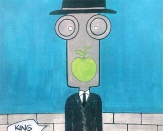 King Robbo (b. 1969) "Son of Robot" - Medium: paint on canvas - Signed lower left and dated 2011. Measures 39" x 39" (unframed). From a Beverly Hills private collection. Executed in black, gray, white, and aqua blue. A solitary robot figure stands before ablock-masonry wall wearing a black hat, suit and tie, with a green apple in his mouth.A text-box is coming from the figure on lower-left with the artist's signature: "KINGROBBO".This street art masterwork was constructed for promotional exhibition use only, and isaccompanied by King Robbo Certificate of Origin.Provenance: Private collector, Galerie Perlita 2021, Musee d' Art Moderne 2022King Robbo was an English underground graffiti artist. His feud with the artist Banksywas the subject of a Channel 4 television documentary called Graffiti Wars, first shownin August 2011. King Robbo started tagging trains in London in the 1980s after the practicebecame popular in New York, though he became less active in the 90s. A representative from