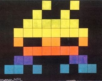 Invader (b. 1969) "Alien Boy" - Medium: wood tile on canvas - Signed lower left and dated 2008.Measures 36" x 47" (unframed). From a Beverly Hills private collection. Executed in green, yellow, orange, red, purple, and aqua blue wood tiles over ablack painted canvas. The artist depicts a standard ship in rainbow spectrum fromthe famous arcade-game: Space Invaders.Constructed for exhibition use only and accompanied by Certificate of Origin from Invader.Invader is an anonymous French street artist. He is known for his ceramic tile mosaicsmodeled on the pixelated art of 1970s?1980s 8-bit video games, many of which depict thetitular aliens from the arcade games Space Invaders, Pac-Man and Super Mario Bros.?I don?t have a message to deliver to the world and I am not openly political. The wayI operate is per se already political as I intervene illegally for 99% of my installation.I am into artistic experimentation rather than political opposition. I like the concept ofdecontextualizing art t