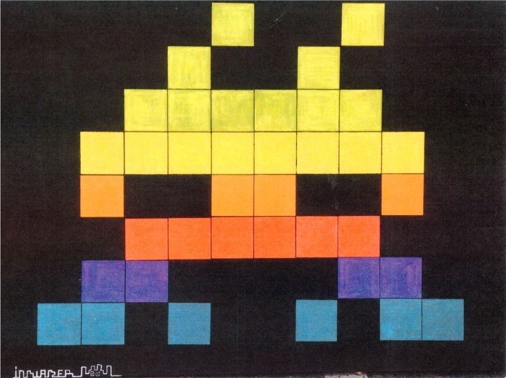 Invader (b. 1969) "Alien Boy" - Medium: wood tile on canvas - Signed lower left and dated 2008.Measures 36" x 47" (unframed). From a Beverly Hills private collection. Executed in green, yellow, orange, red, purple, and aqua blue wood tiles over ablack painted canvas. The artist depicts a standard ship in rainbow spectrum fromthe famous arcade-game: Space Invaders.Constructed for exhibition use only and accompanied by Certificate of Origin from Invader.Invader is an anonymous French street artist. He is known for his ceramic tile mosaicsmodeled on the pixelated art of 1970s?1980s 8-bit video games, many of which depict thetitular aliens from the arcade games Space Invaders, Pac-Man and Super Mario Bros.?I don?t have a message to deliver to the world and I am not openly political. The wayI operate is per se already political as I intervene illegally for 99% of my installation.I am into artistic experimentation rather than political opposition. I like the concept ofdecontextualizing art t